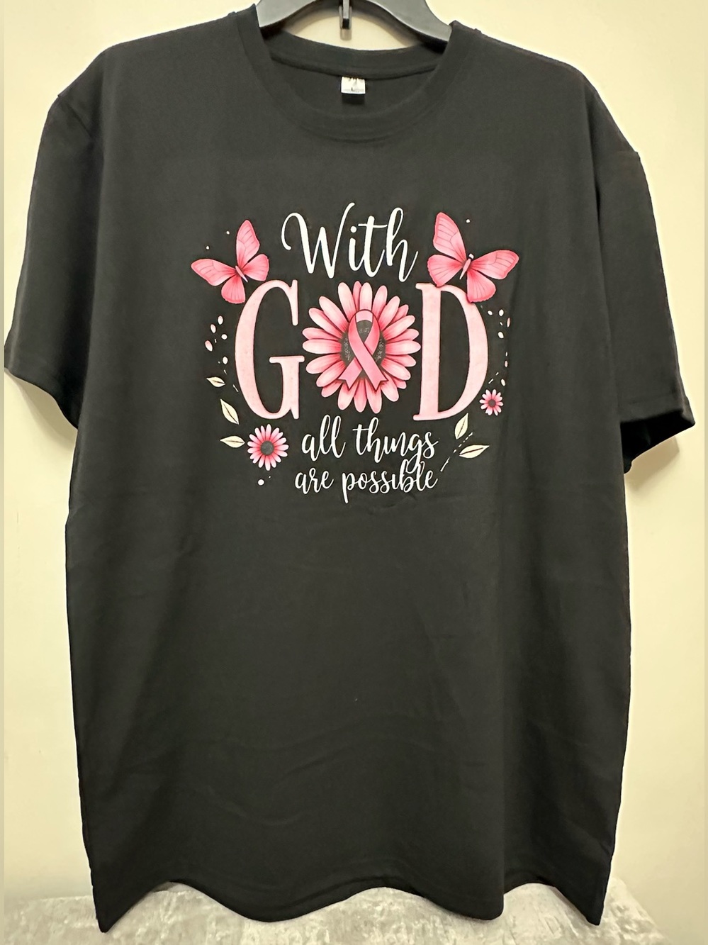 With God All Things Are Possible Breast Cancer Awareness Black Graphic Tee L